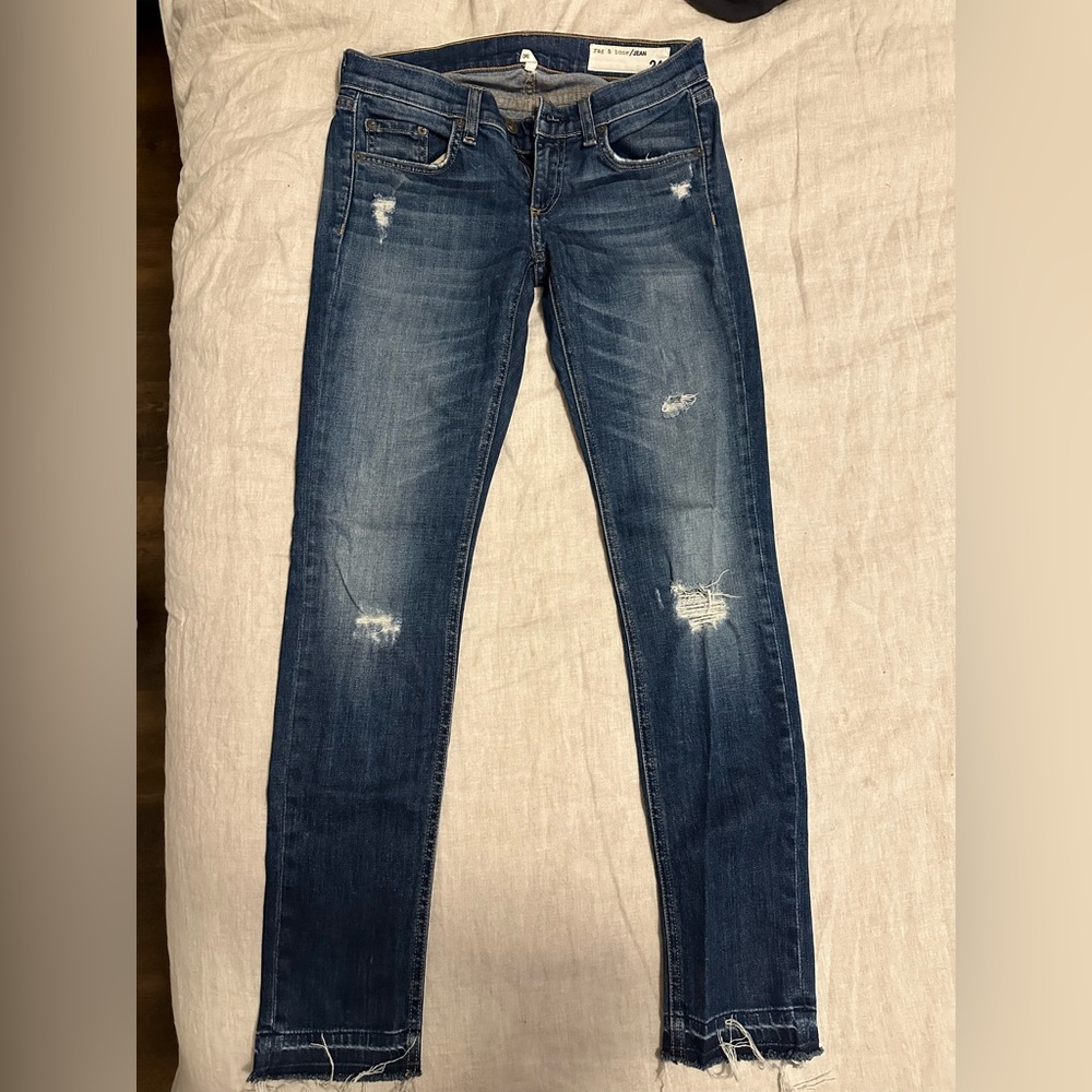 Rag Bone Jeans Dre Distressed Raw hem Low Rise Skinny Denim Blue
